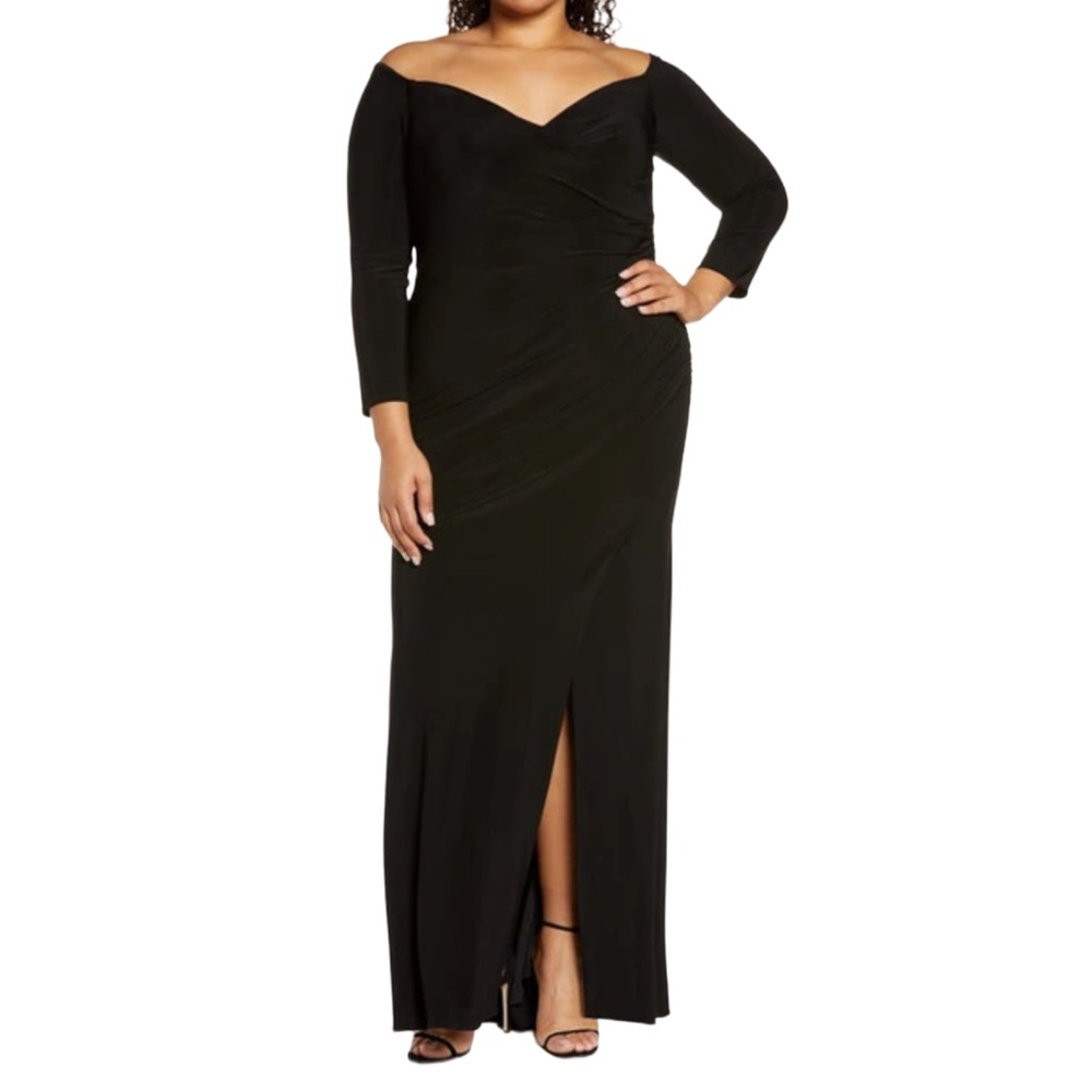 LA FEMME Black Off The Shoulder Long Sleeve Gown NEW Size 20 Dress
